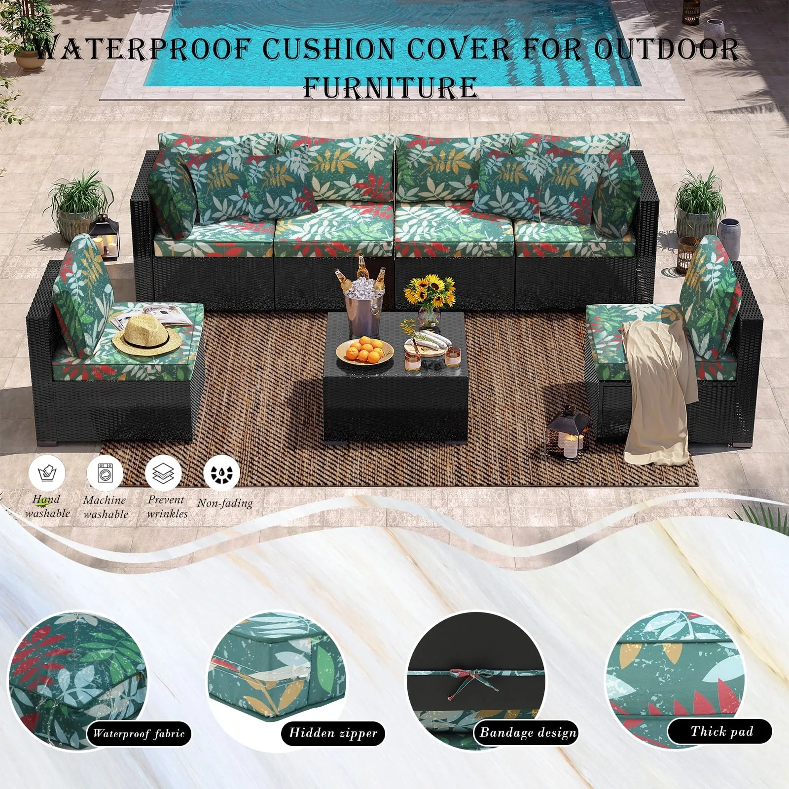 12p Patio Cushion Covers Outdoor Patio Cushions Covers Replacement, Waterproof Chair Seat Cover Zipper Design, Wicker Rattan Patio Conversation Set Loveseat Couch Furniture (Flower,12PC)