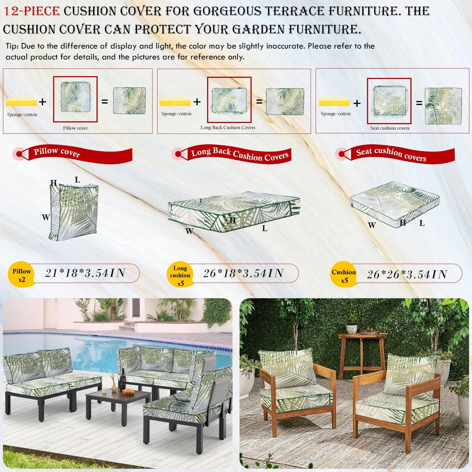 12p Patio Cushion Covers Outdoor Patio Cushions Covers Replacement, Waterproof Chair Seat Cover Zipper Design, Wicker Rattan Patio Conversation Set Loveseat Couch Furniture (Flower,12PC)