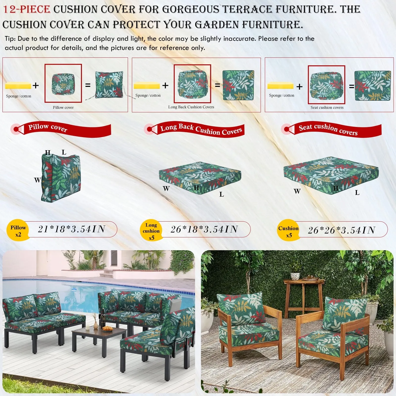 12p Patio Cushion Covers Outdoor Patio Cushions Covers Replacement, Waterproof Chair Seat Cover Zipper Design, Wicker Rattan Patio Conversation Set Loveseat Couch Furniture (Flower,12PC)