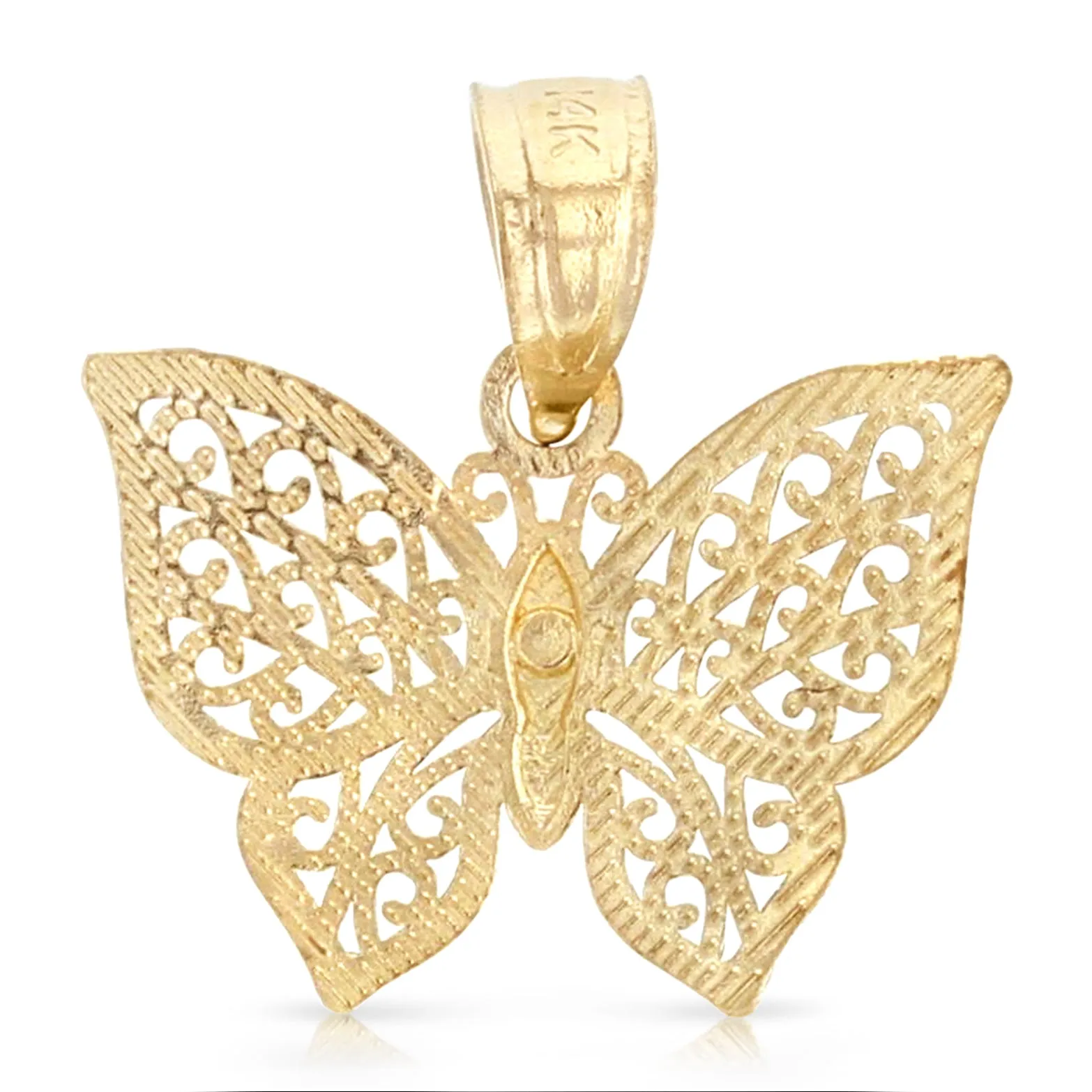 14K Gold Butterfly Pendant with 1.2mm Flat Open Wheat Chain