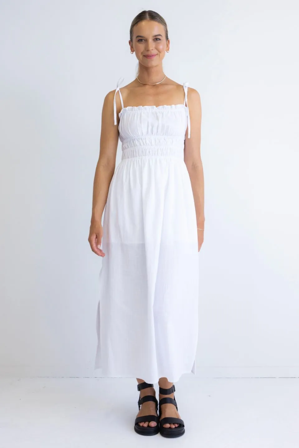 Arcadia White Cotton Gathered Tie Strap Midi Dress