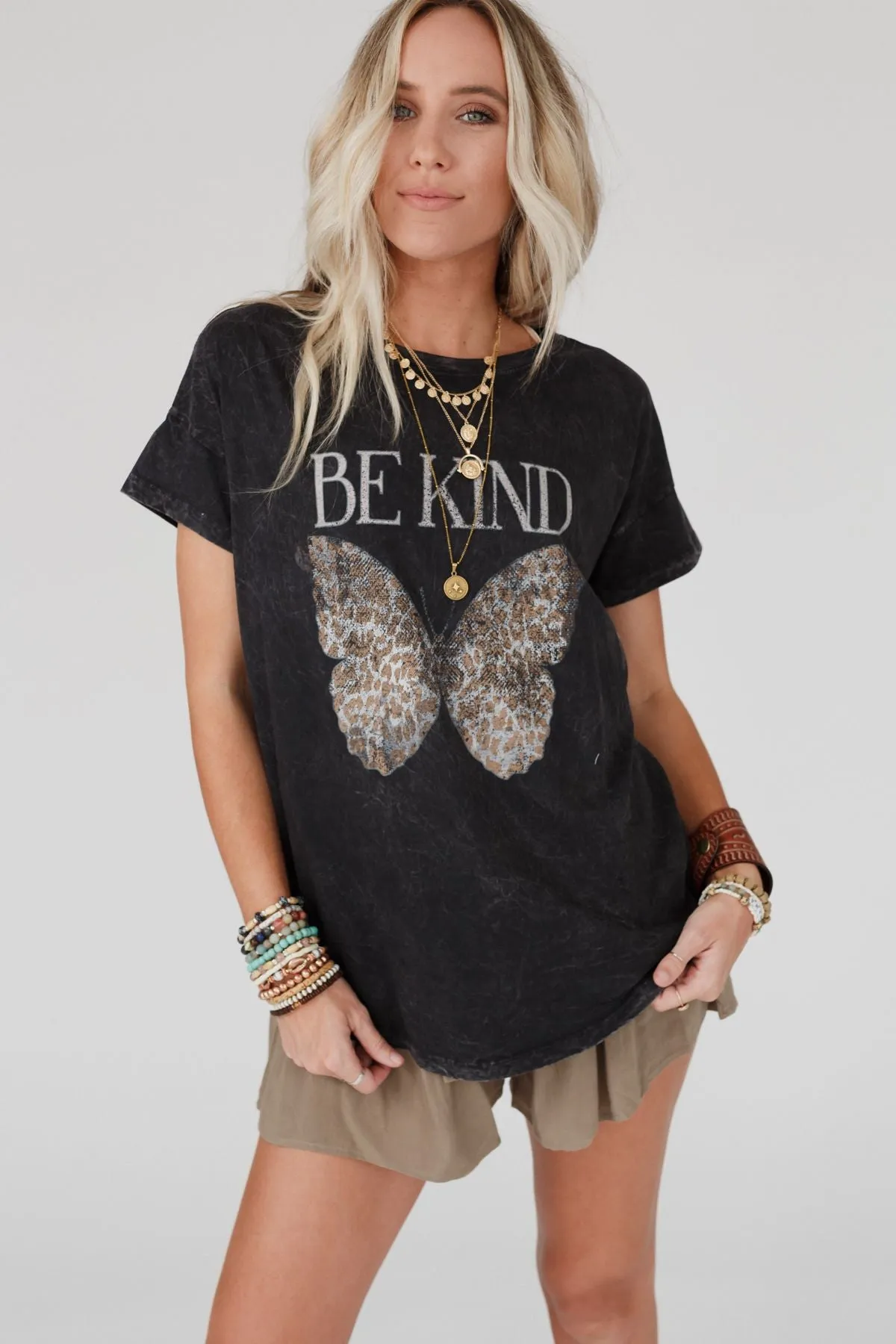 Be Kind Mineral Washed Graphic Tee - Charcoal