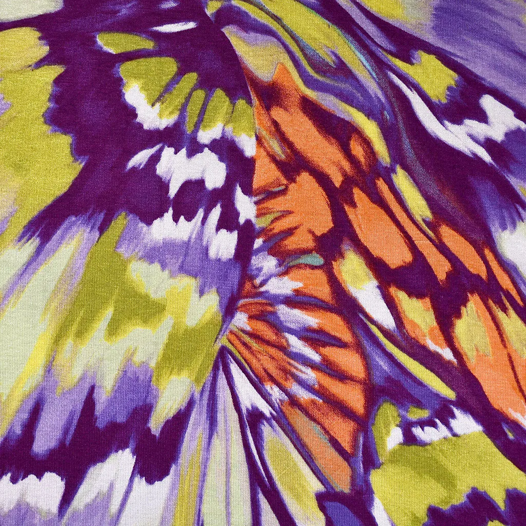 Brushstroke Butterfly Collage Rayon Jersey Knit Purple/Citron