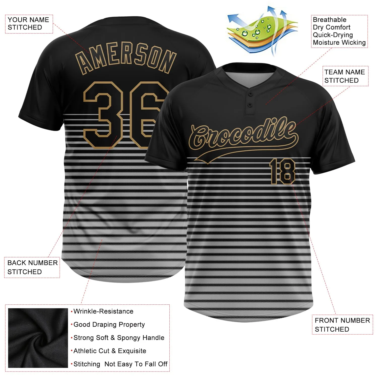 Custom Black Black-Old Gold 3D Pattern Two-Button Unisex Softball Jersey