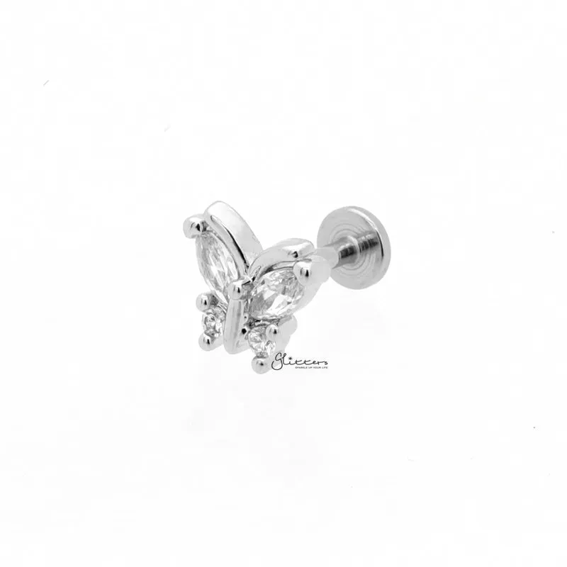 CZ Butterfly Top Flat Back Stud - Silver