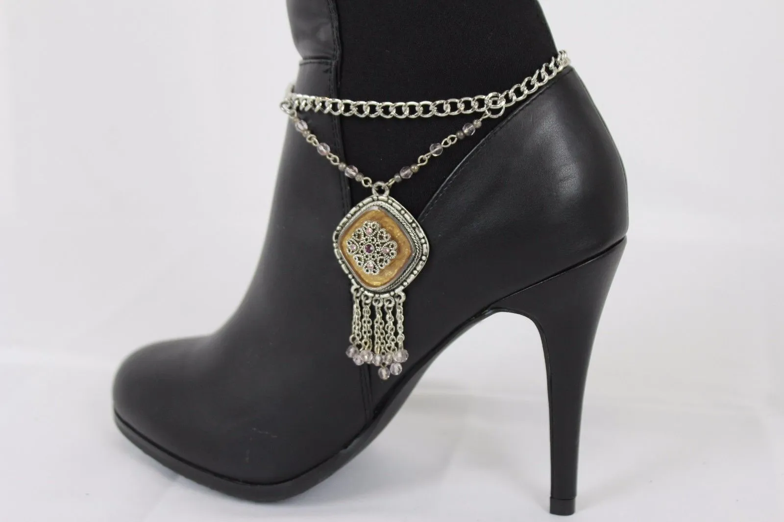 Hot Women Silver Chain Boot Bracelet Anklet Shoe Charm Ethnic Beads Jewelry Fringes