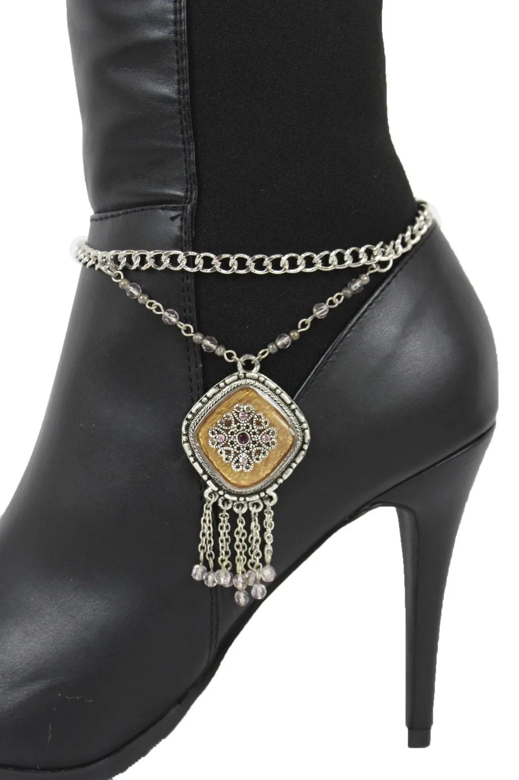 Hot Women Silver Chain Boot Bracelet Anklet Shoe Charm Ethnic Beads Jewelry Fringes