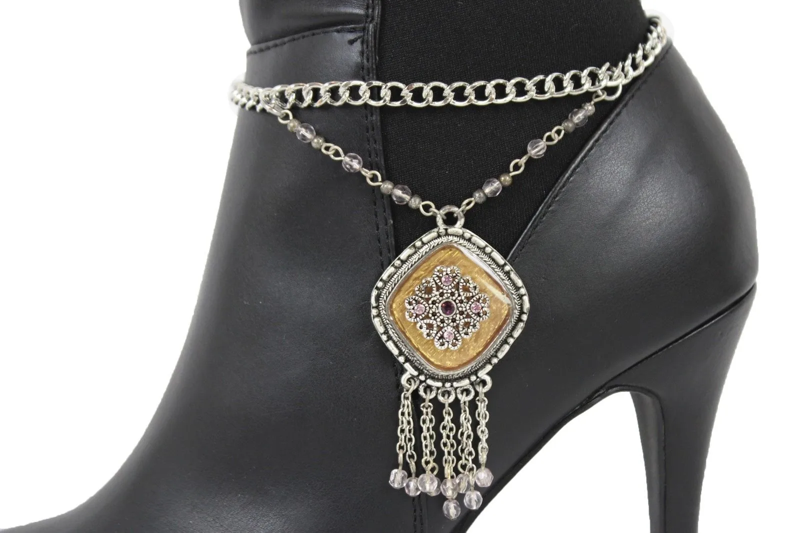 Hot Women Silver Chain Boot Bracelet Anklet Shoe Charm Ethnic Beads Jewelry Fringes