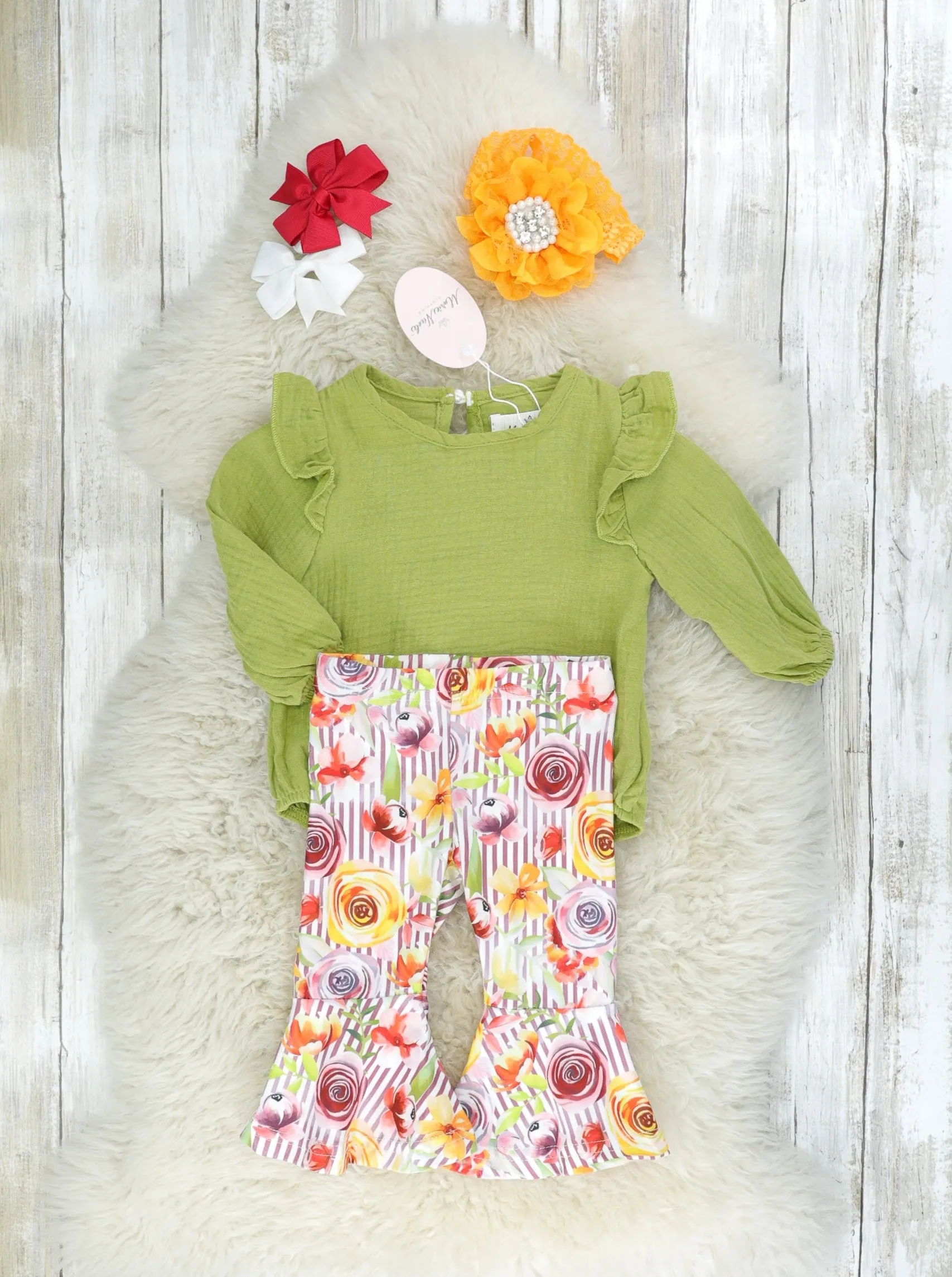 Olive Ruffle Onesie & Bright Rose Bell Bottoms