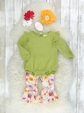 Olive Ruffle Onesie & Bright Rose Bell Bottoms