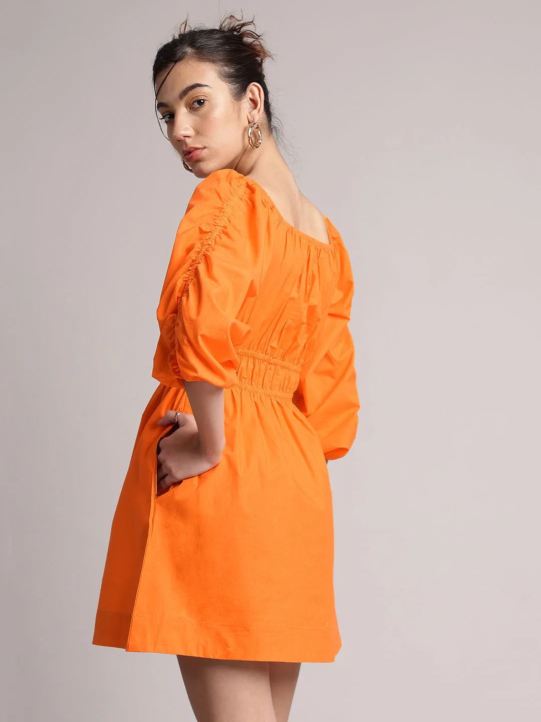 Orange Poplin Solid Fit & Flare Dress