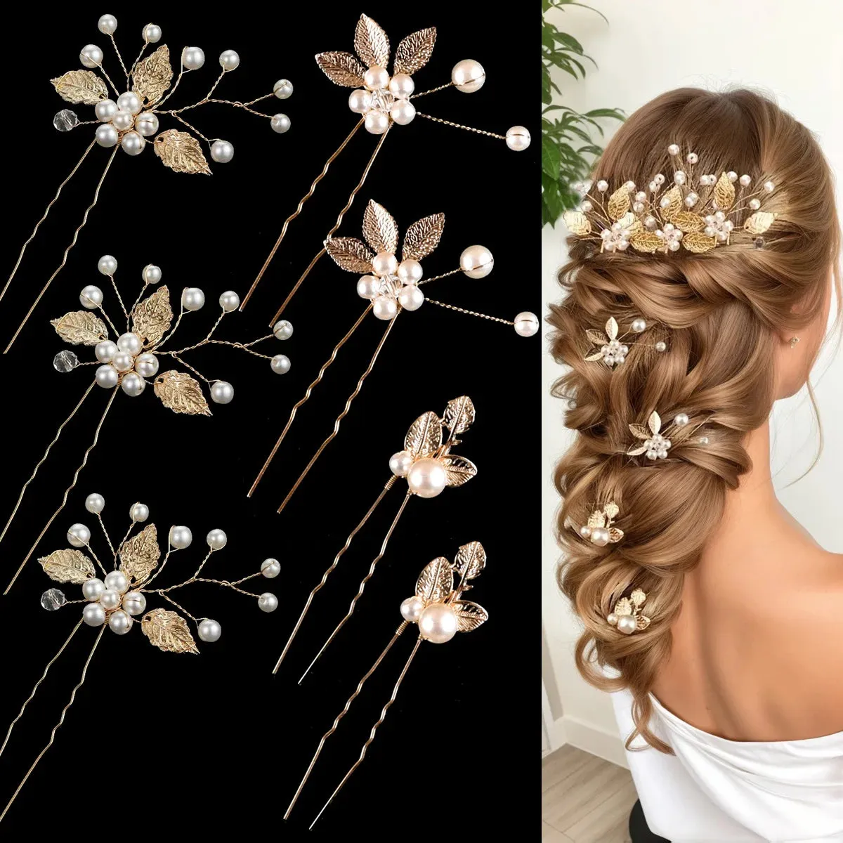 Pearl Flower Hair Comb Bride Wedding Hairpin Alloy Leaf U Shaped Hair Clips Floral Headpiece Bridal Hair Jewelry Accessories