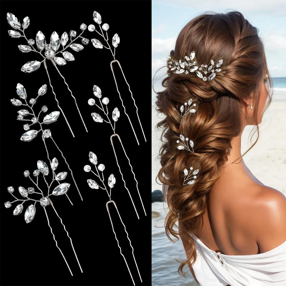 Pearl Flower Hair Comb Bride Wedding Hairpin Alloy Leaf U Shaped Hair Clips Floral Headpiece Bridal Hair Jewelry Accessories