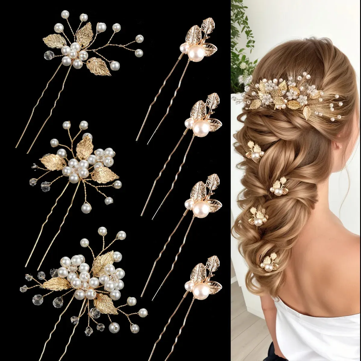 Pearl Flower Hair Comb Bride Wedding Hairpin Alloy Leaf U Shaped Hair Clips Floral Headpiece Bridal Hair Jewelry Accessories