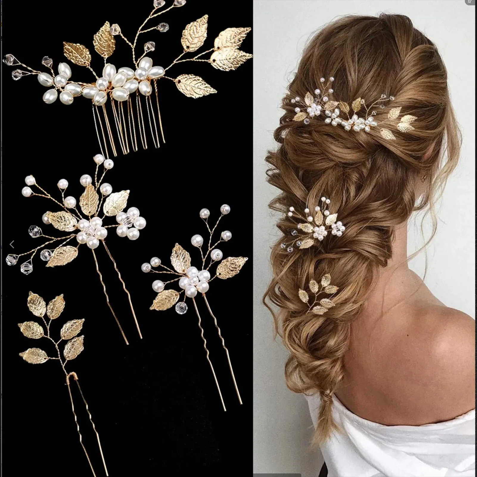 Pearl Flower Hair Comb Bride Wedding Hairpin Alloy Leaf U Shaped Hair Clips Floral Headpiece Bridal Hair Jewelry Accessories