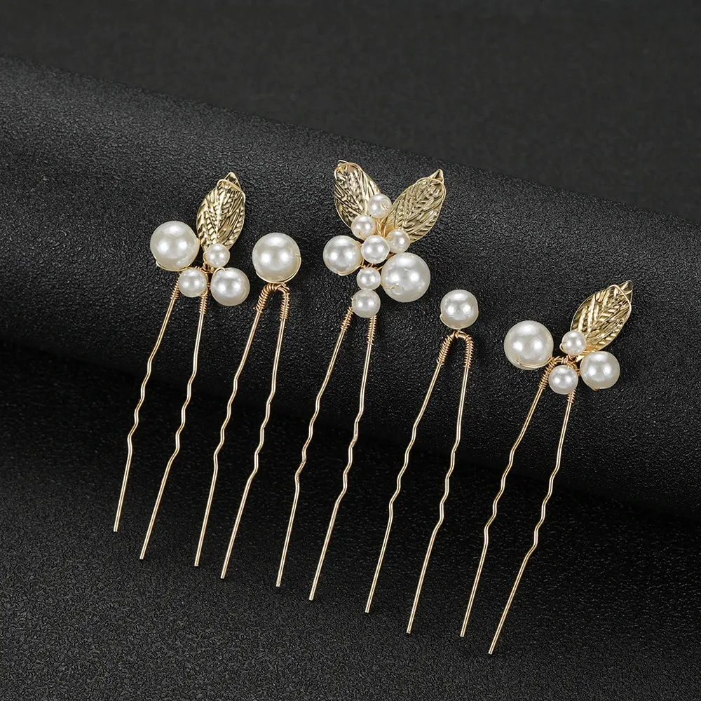 Pearl Flower Hair Comb Bride Wedding Hairpin Alloy Leaf U Shaped Hair Clips Floral Headpiece Bridal Hair Jewelry Accessories