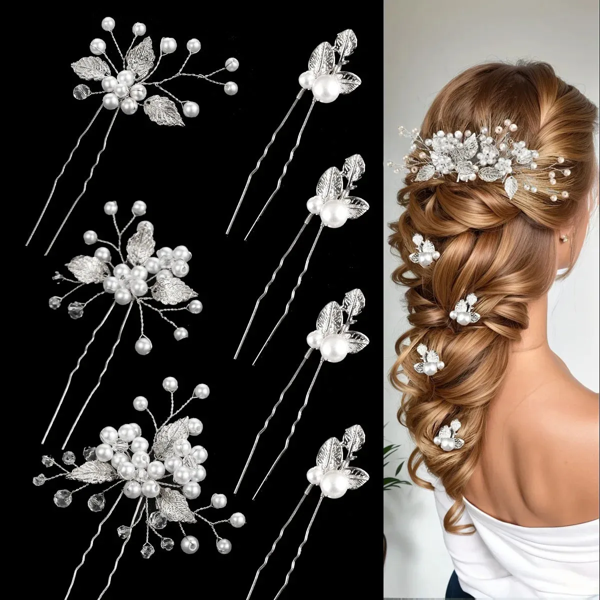 Pearl Flower Hair Comb Bride Wedding Hairpin Alloy Leaf U Shaped Hair Clips Floral Headpiece Bridal Hair Jewelry Accessories