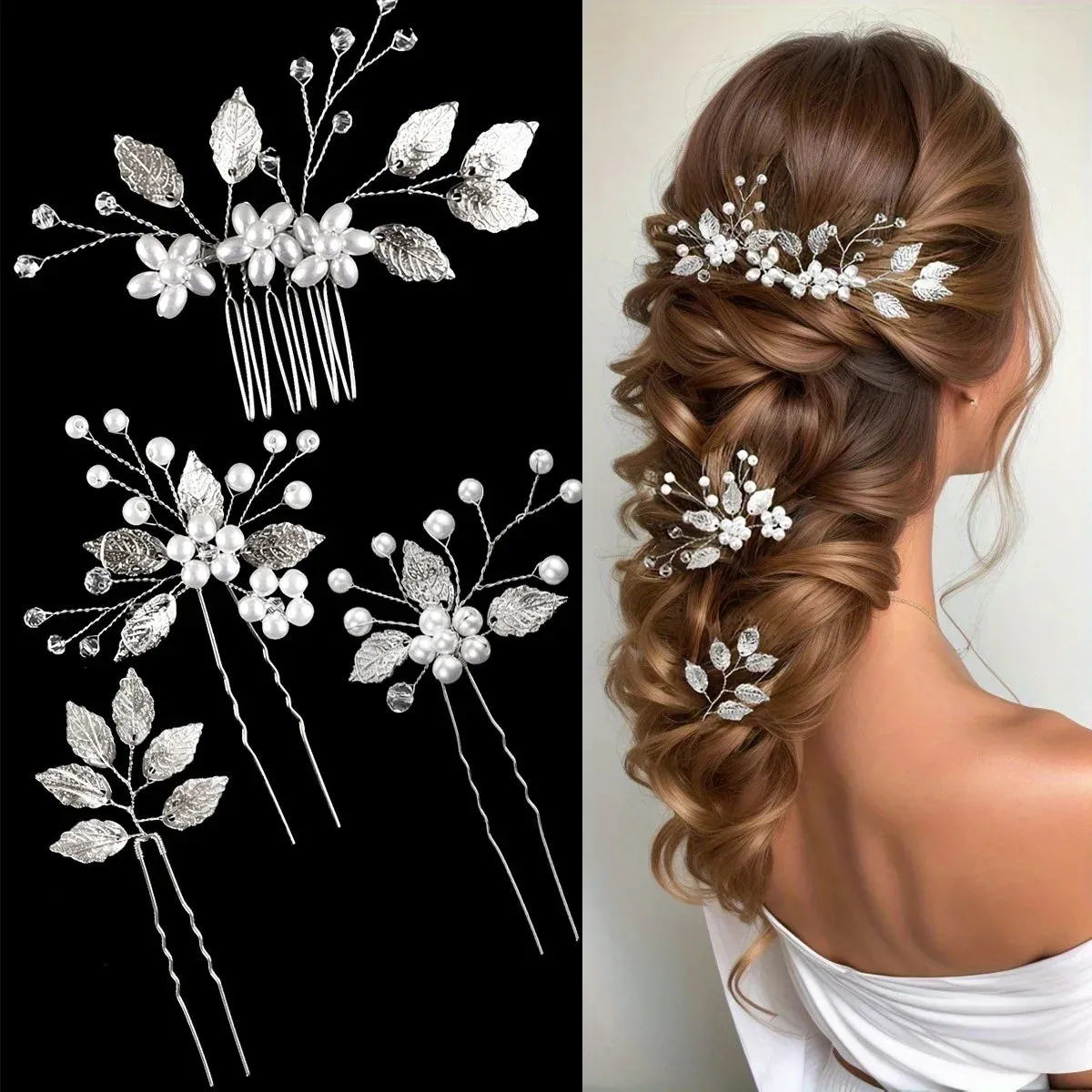 Pearl Flower Hair Comb Bride Wedding Hairpin Alloy Leaf U Shaped Hair Clips Floral Headpiece Bridal Hair Jewelry Accessories