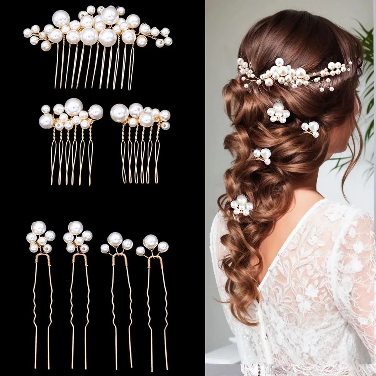 Pearl Flower Hair Comb Bride Wedding Hairpin Alloy Leaf U Shaped Hair Clips Floral Headpiece Bridal Hair Jewelry Accessories