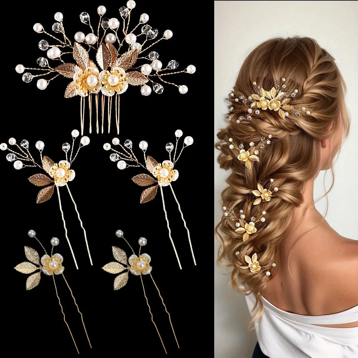 Pearl Flower Hair Comb Bride Wedding Hairpin Alloy Leaf U Shaped Hair Clips Floral Headpiece Bridal Hair Jewelry Accessories