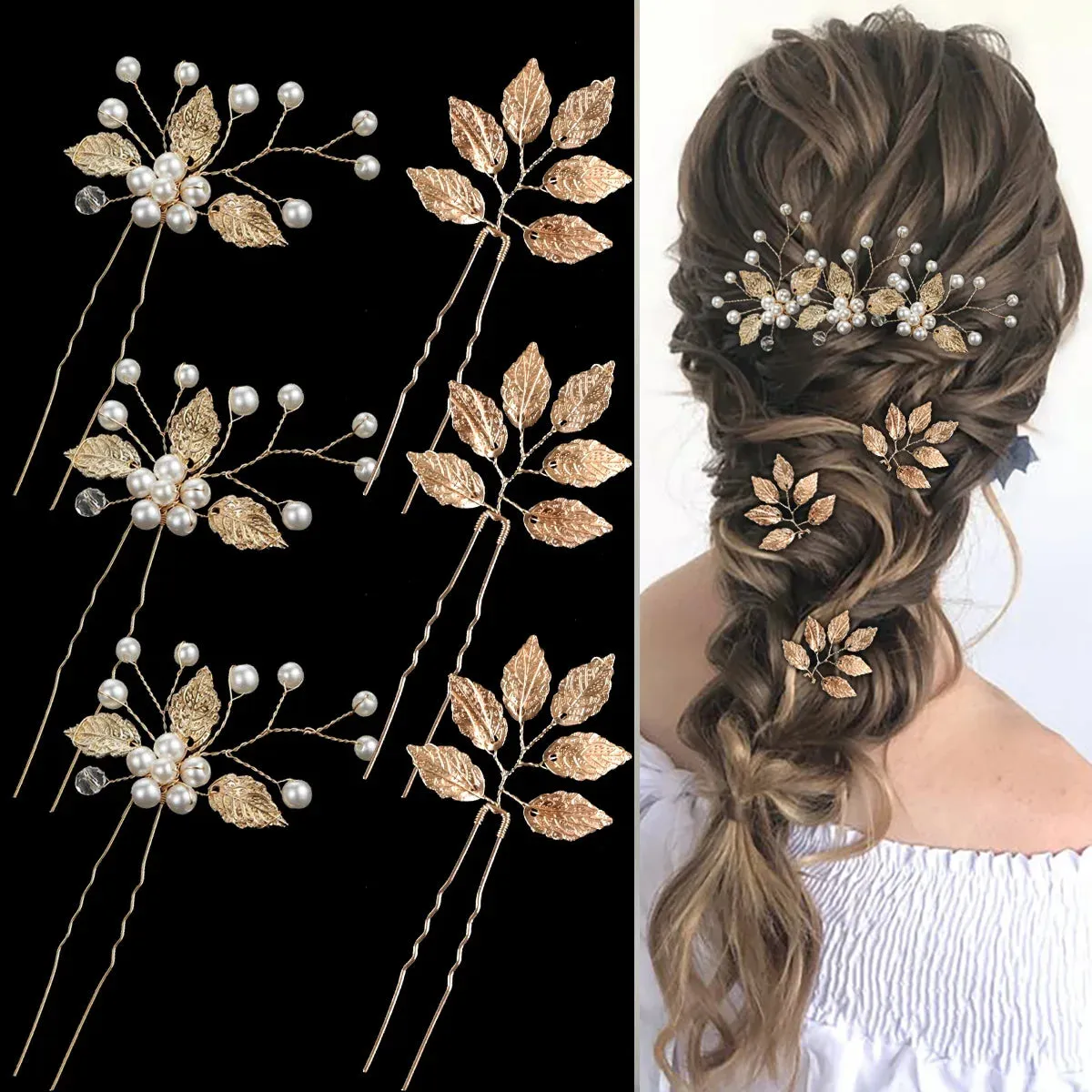 Pearl Flower Hair Comb Bride Wedding Hairpin Alloy Leaf U Shaped Hair Clips Floral Headpiece Bridal Hair Jewelry Accessories