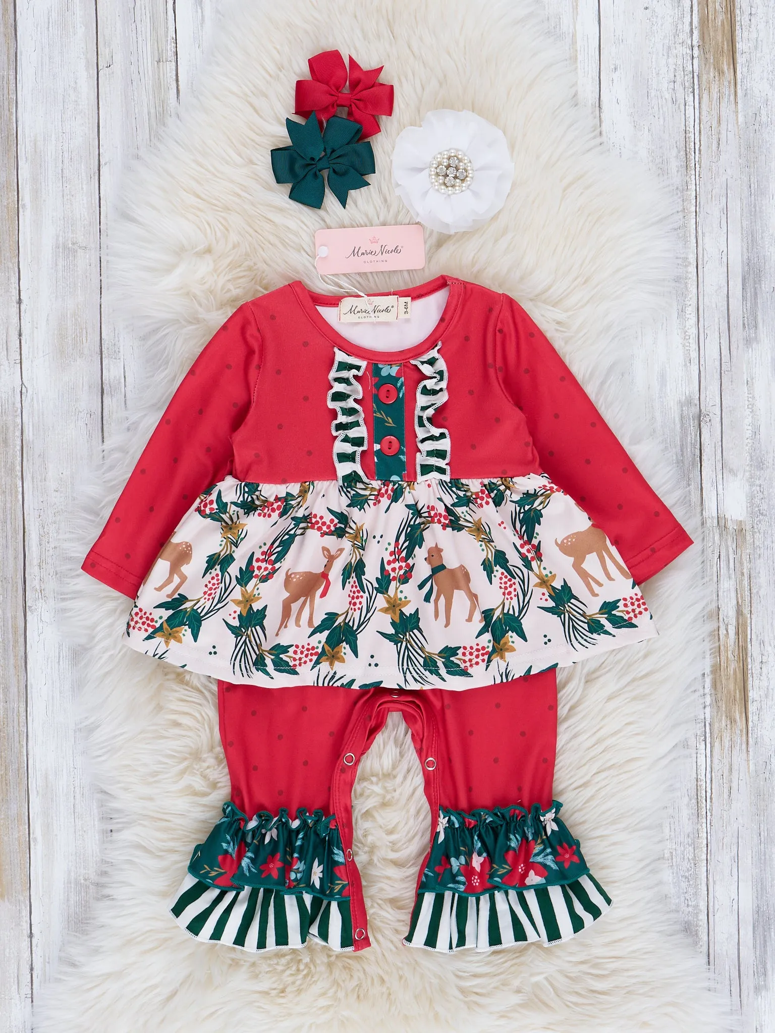 Red Reindeer & Stripes Ruffle Romper