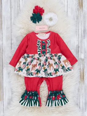 Red Reindeer & Stripes Ruffle Romper