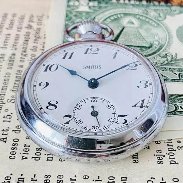 Smiths Pocket Watch Silver Black Needle 52mm Men's Women's Vintage Analog