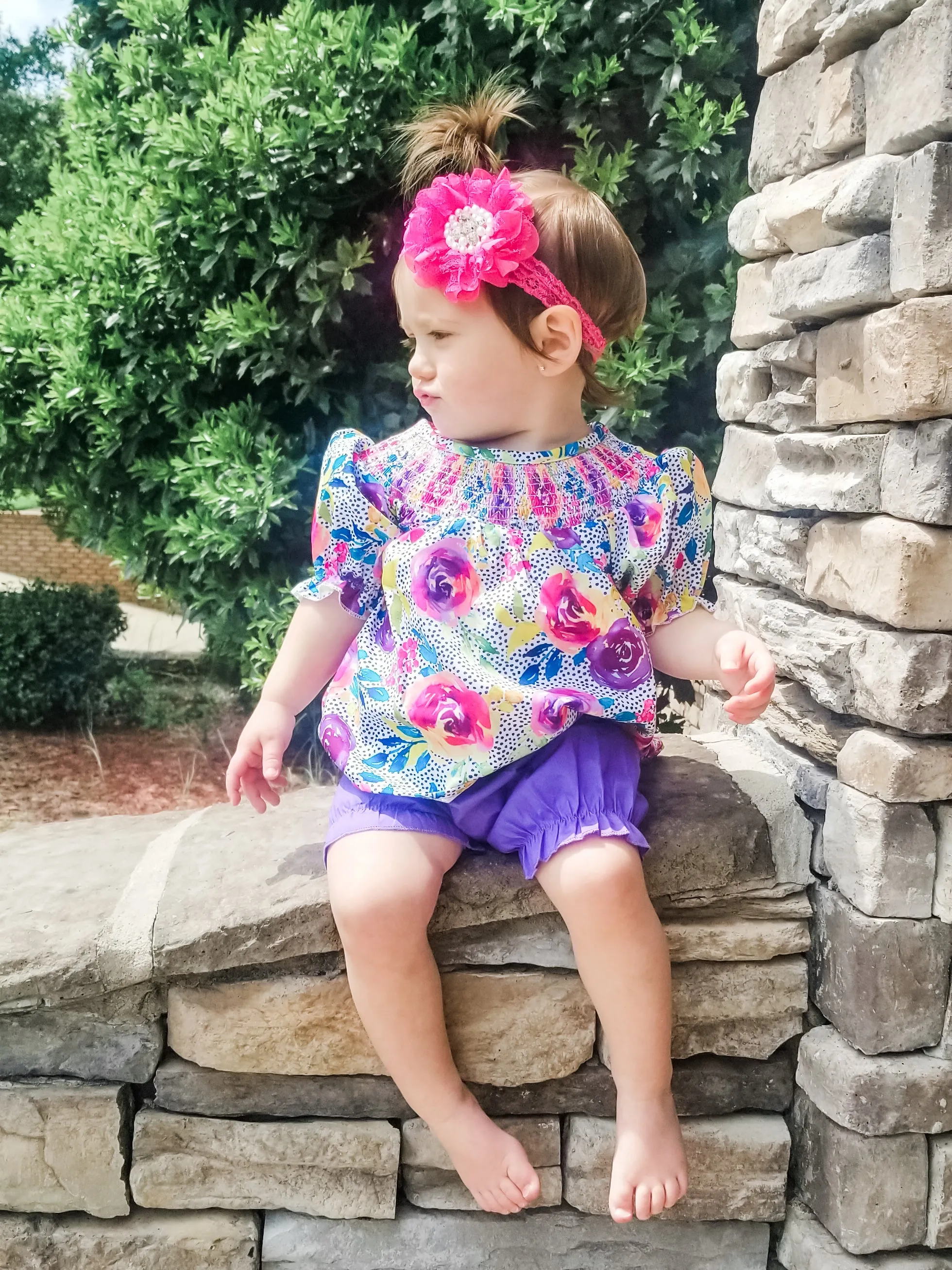 Smocked Bright Rose Top & Purple Bottoms Outfit