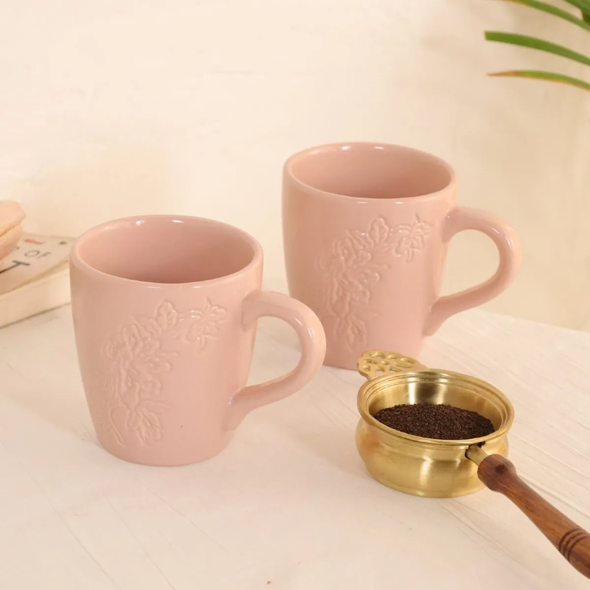 Tuscan Pink Luxury Coffee & Tea Mugs Set Of 2 with Brass & Wood Tea Strainer & Bowl | Rakshabandhan Gift | Handmade in India