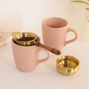 Tuscan Pink Luxury Coffee & Tea Mugs Set Of 2 with Brass & Wood Tea Strainer & Bowl | Rakshabandhan Gift | Handmade in India