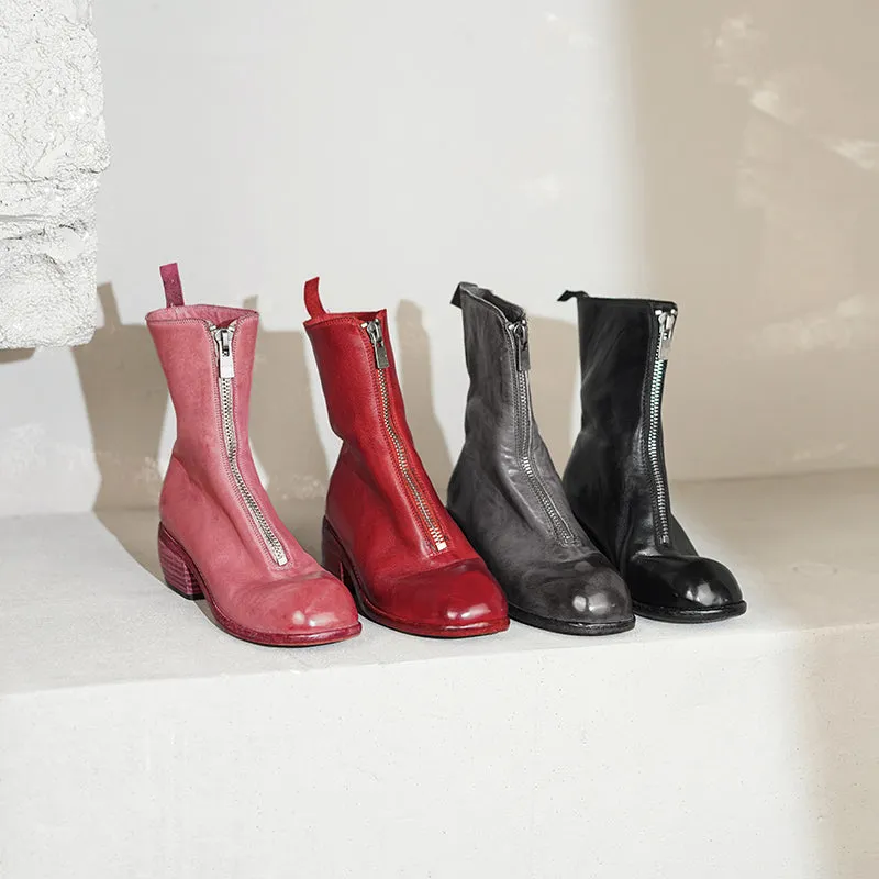 Washed Horse Leather Ankle Boots Front Zip Boots For Women in Black/Pink/Red/Grey