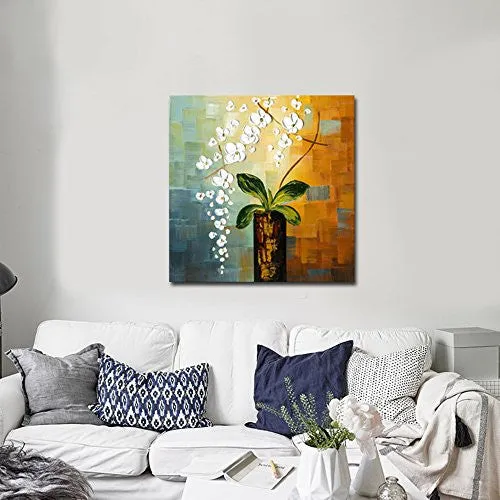 WIECO ART - BEAUTY OF LIFE 100% HAND-PAINTED MODERN CANVAS WALL ART FLORAL OIL PAINTINGS ON CANVAS 32 BY 32 INCH